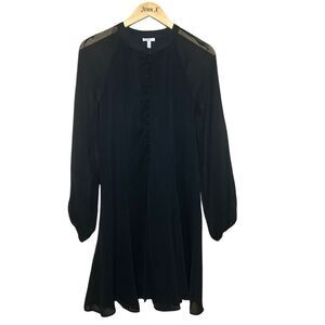 Joie Black Long Sleeve A-line Dress Size S Sheer Sleeves Pleated Round Neck
